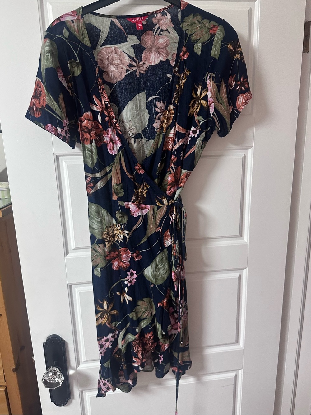 Guess Navy Floral Wrap Dress with Pink & Olive Accents